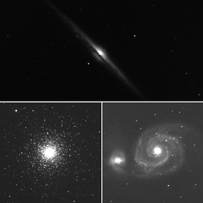 The Needle Galaxy - NGC 4565 (Top), Globular Cluster - M3   (Bottom-Rt), Whirlpool Galaxy - M51 (Bottom Lft)