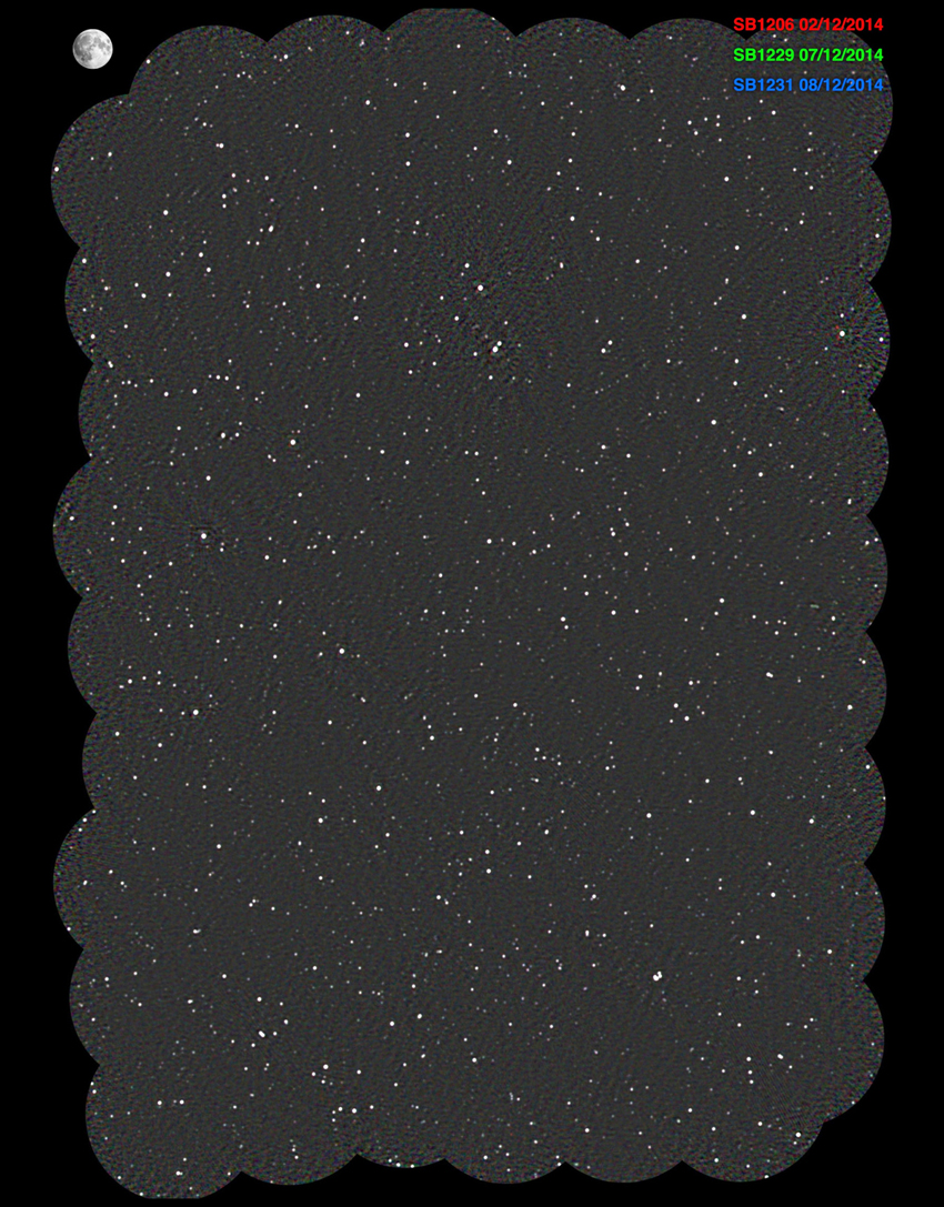 Image 3: 150 square-degree image of the Tucana constellation using BETA. The Moon is shown for scale. There are over 2000 bright sources visible in the radio image. Credit: Keith Bannister (observations), Ian Heywood (calibration and imaging), ACES/ASKAP team.